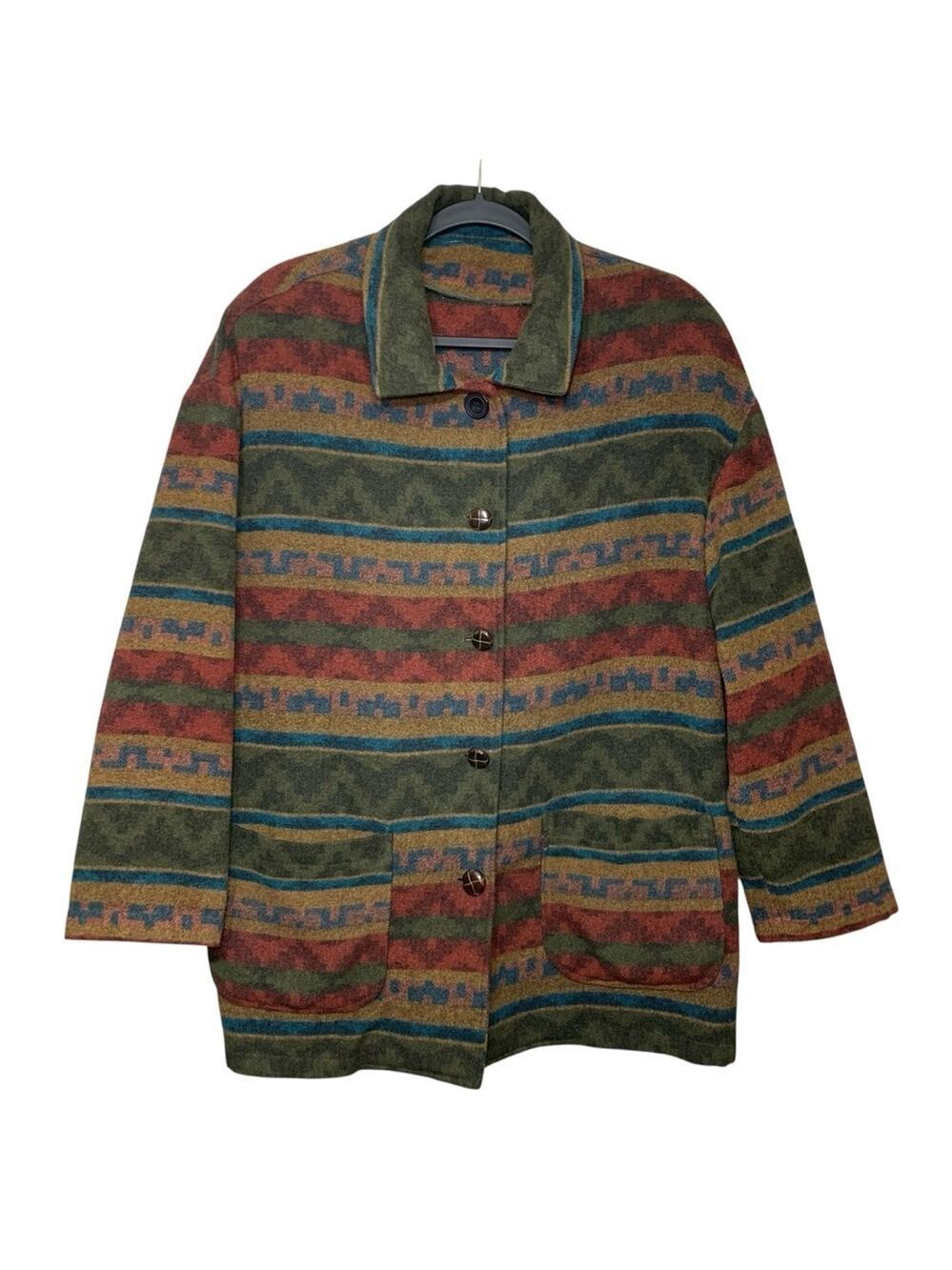 Vintage 80s Southwestern Jacket Earthy Toned Sz M Oversized Woven Wool Blend